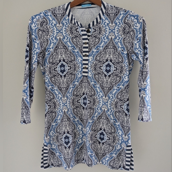 J. McLaughlin Catalina Cloth Tunic Top WOMEN'S S Biscayne Damask White Navy - Picture 12 of 15
